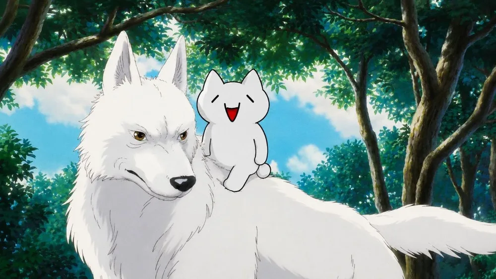 ronyn riding on the back of a great white wolf through a sunlit forest